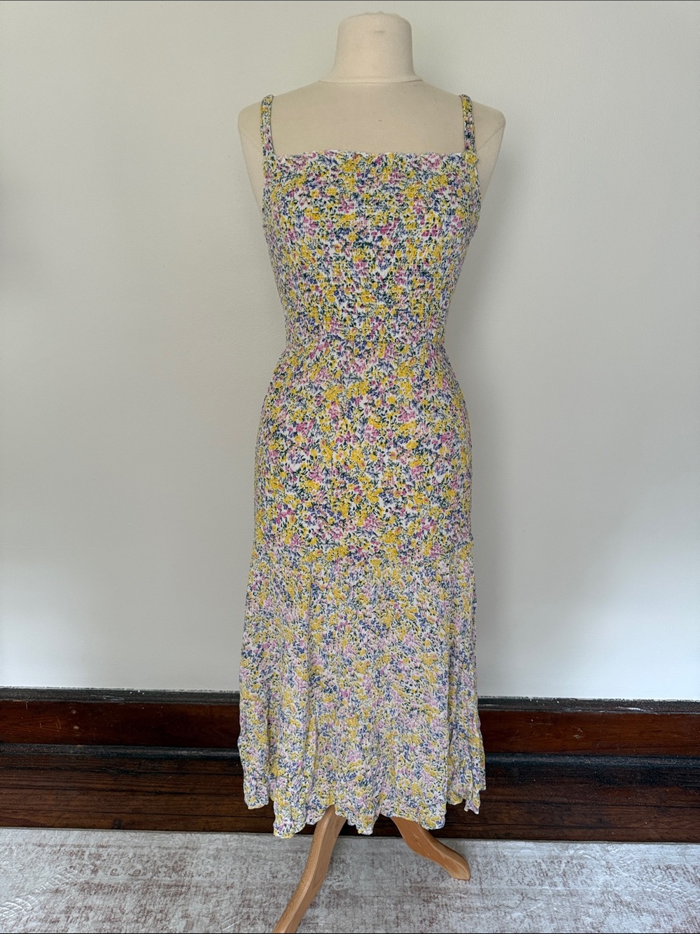Black Tape_ Yellow Multi Floral Midi Dress with Square Neck